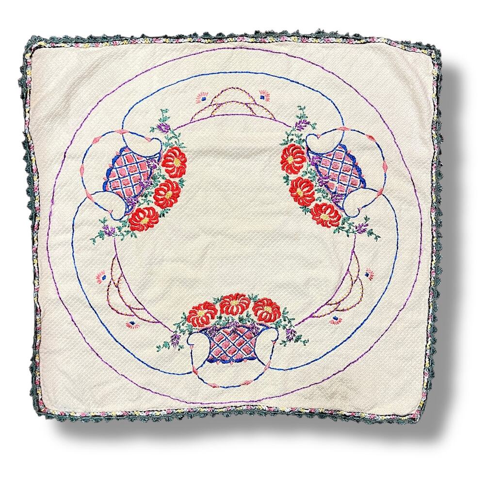 Vintage 30s Embroidered Tablecloth Baskets of Flowers Multicolor 32 inch Square
